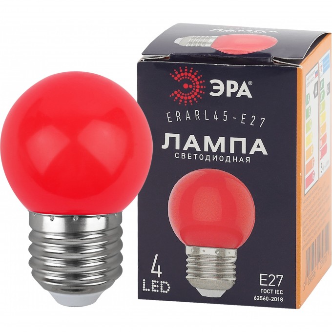 Лампа светодиодная ЭРА ERARL45-E27 P45 1Вт шар красный E27 4SMD для белт-лайт B0049575 Лампа светодиодная ЭРА ERARL45-E27 P45 1Вт шар красный E27 4SMD для белт-лайт B0049575