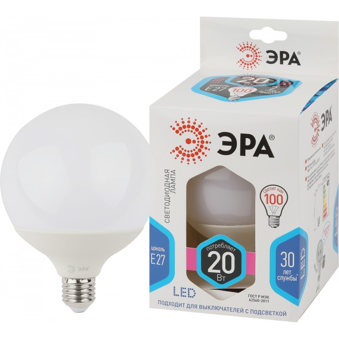 Лампа светодиодная ЭРА LED G120-20W-4000K-E27 G120 20Вт шар 4000К нейтр. бел. E27 декор. Б0049081 B0049081 Лампа светодиодная ЭРА LED G120-20W-4000K-E27 G120 20Вт шар 4000К нейтр. бел. E27 декор. Б0049081 B0049081