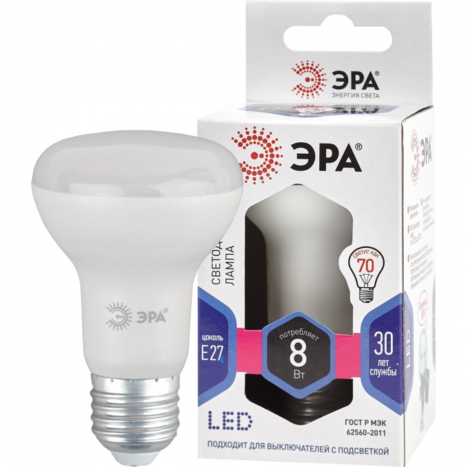 Лампа светодиодная ЭРА LED R63-8W-860-E27 R63 8Вт рефлектор E27 холод. бел. Б0048024 B0048024 Лампа светодиодная ЭРА LED R63-8W-860-E27 R63 8Вт рефлектор E27 холод. бел. Б0048024 B0048024