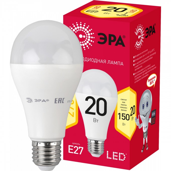 Лампа светодиодная ЭРА RED LINE LED A65-20W-827-E27 R 20Вт A65 груша 2700К тепл. бел. E27 Б0050687 B0050687 Лампа светодиодная ЭРА RED LINE LED A65-20W-827-E27 R 20Вт A65 груша 2700К тепл. бел. E27 Б0050687 B0050687