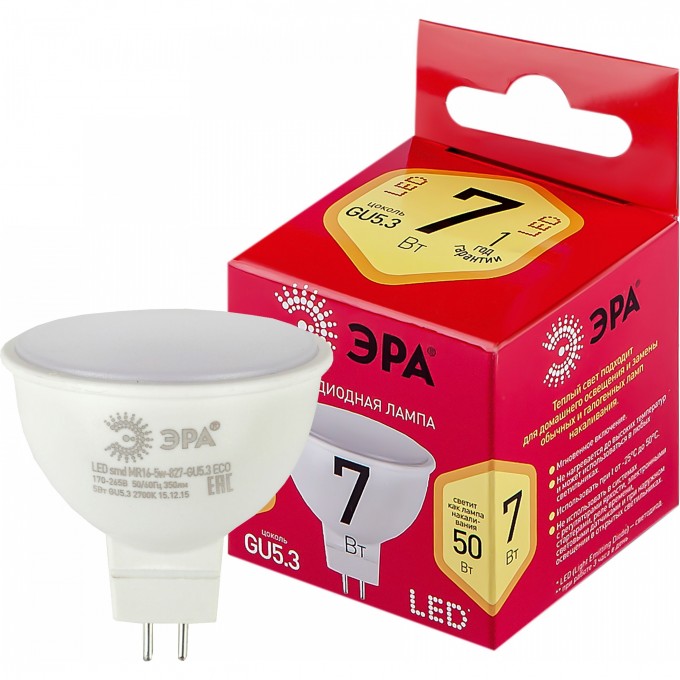 Лампа светодиодная ЭРА RED LINE LED MR16-7W-827-GU5.3 R 7Вт MR16 софит 2700К тепл. бел. GU5.3 Б0050231 B0050231 Лампа светодиодная ЭРА RED LINE LED MR16-7W-827-GU5.3 R 7Вт MR16 софит 2700К тепл. бел. GU5.3 Б0050231 B0050231