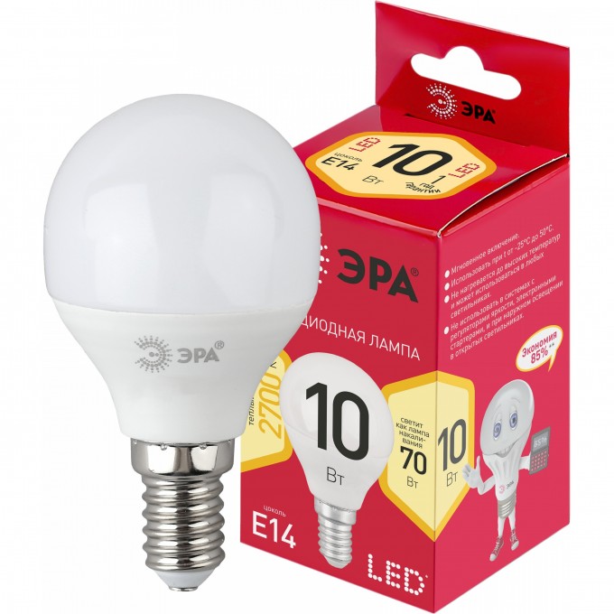 Лампа светодиодная ЭРА RED LINE LED P45-10W-827-E14 R 10Вт P45 шар 2700К тепл. бел. E14 Б0052378 B0052378 Лампа светодиодная ЭРА RED LINE LED P45-10W-827-E14 R 10Вт P45 шар 2700К тепл. бел. E14 Б0052378 B0052378