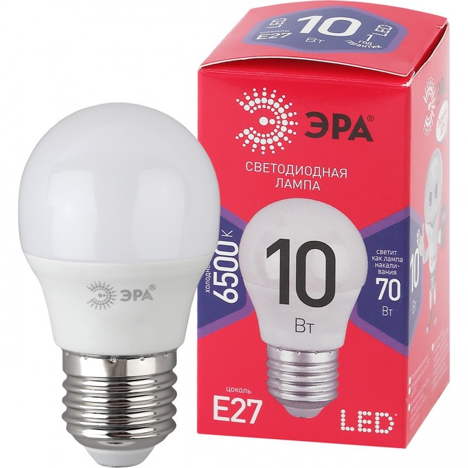 Лампа светодиодная ЭРА RED LINE LED P45-10W-865-E27 R 10Вт P45 шар 6500К холод. бел. E27 B0045355 Лампа светодиодная ЭРА RED LINE LED P45-10W-865-E27 R 10Вт P45 шар 6500К холод. бел. E27 B0045355