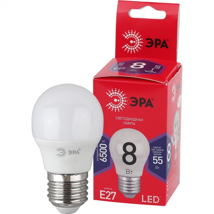 Лампа светодиодная ЭРА RED LINE LED P45-8W-865-E27 R 8Вт P45 шар 6500К холод. бел. E27 B0045359 Лампа светодиодная ЭРА RED LINE LED P45-8W-865-E27 R 8Вт P45 шар 6500К холод. бел. E27 B0045359