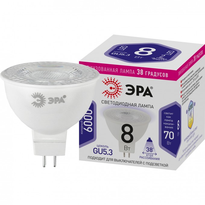 Лампа светодиодная ЭРА STD LED LENSE MR16-8W-860-GU5.3 GU5.3 8Вт линзованная софит холод. бел. свет Б0054940 B0054940 Лампа светодиодная ЭРА STD LED LENSE MR16-8W-860-GU5.3 GU5.3 8Вт линзованная софит холод. бел. свет Б0054940 B0054940