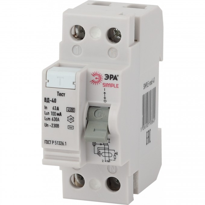 Устройство защитного отключения ЭРА SIMPLE-MOD-48 SIMPLE УЗО ВД-40 2P 63А/100мА электронное B0039268 Устройство защитного отключения ЭРА SIMPLE-MOD-48 SIMPLE УЗО ВД-40 2P 63А/100мА электронное B0039268